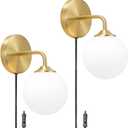 Gold Plug in Wall Sconce Set of 2, Wall Light Fixture with Plug in Cord On/Off Switch, Mid Century Art Deco Wall Lighting Fixture with Milky White Globe Glass Lampshade for Bedroom Living Room Hallway