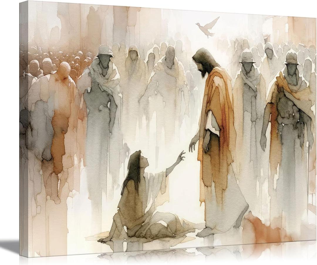 Jesus Heals The Woman Canvas Wall Art Woman Touches The Hem Of Jesus' Skirt Wall Decor Picture Watercolor Bible Stories Poster Print Painting for Christian Living Room Home Decoration Prepare To Hang 24"L x 16"W