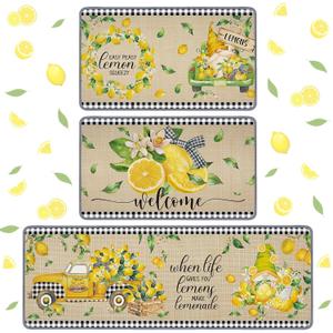 Timgle 3 Pcs Lemon Kitchen Rugs Gnomes Rug Retro Style Non Slip Kitchen Print Standing Mat Washable Floor Comfortable Mat for Home Office Sink 17 x 29 Inch 17 x 47 Inch