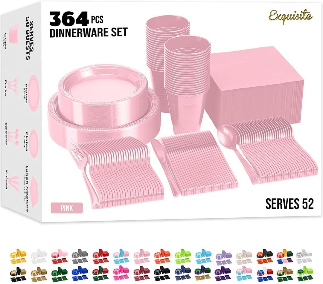 350 Pcs Pink Plastic Plates For Party, Pink Disposable Plates Set, 50 Of Each 9" Dinner Plate Set, 7" Dessert Plate, Cups, Napkins & Cutlery Plastic Dinnerware Set Exquisite