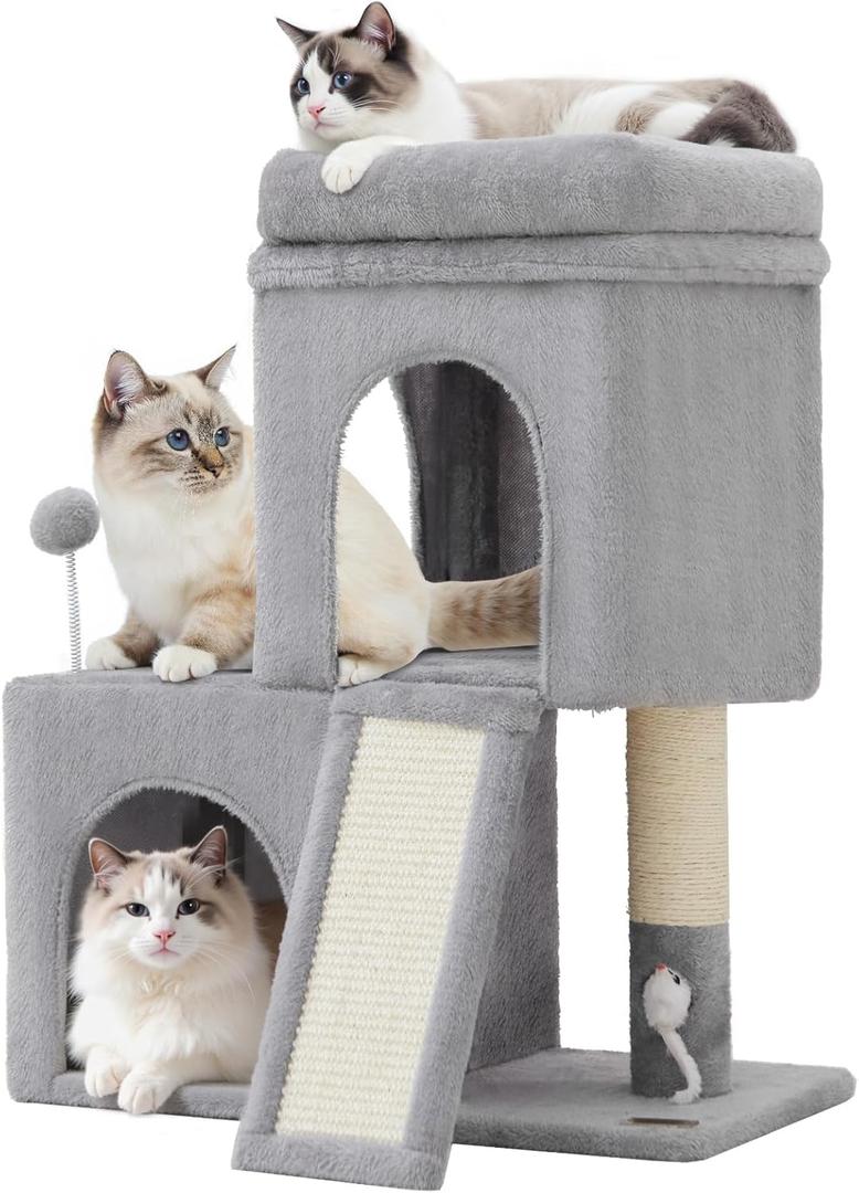 24inch Tall Cat Tree with 2 Cat Condo and Mouse Toy Cozy Small Cat Tower with Scratching Post and Board for Kitties and Small Cats.Light Grey (22 * 13 * 28)