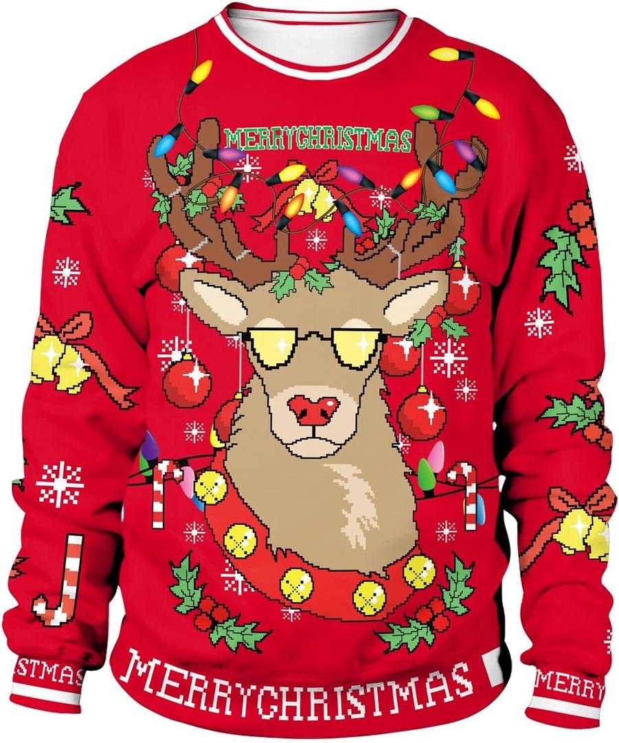 Colorful House Unisex's Ugly Christmas Jumper Sweater Printed Pullover,3D Funny Digital Print Sweatshirt Suit for Men Woman (Medium, Red Reindeer)