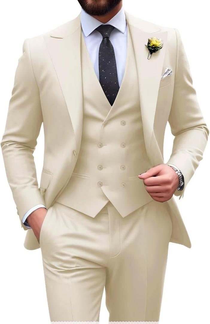 Mens Suit Slim Fit 3 Piece Double Breasted Suit Men Formal Tuxedo Set Casual Wedding Prom Groom Suits (XXXL)