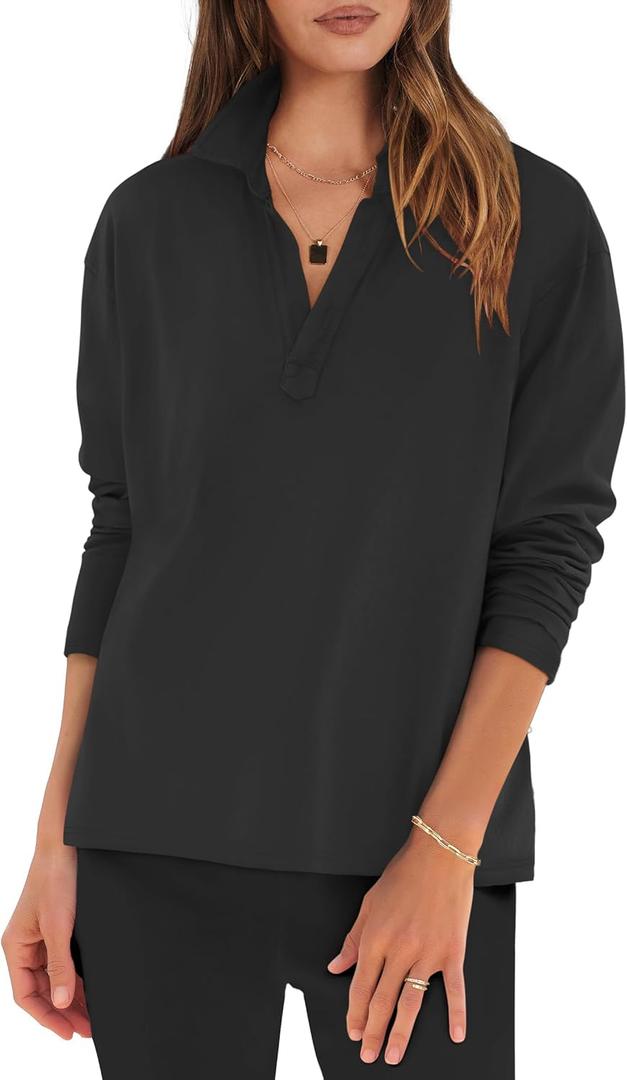 ANRABESS Women Long Sleeve Polo Shirts Casual V Neck Collared Boxy Fit Dressy Work Blouse Top Spring Outfits (Small, Black)