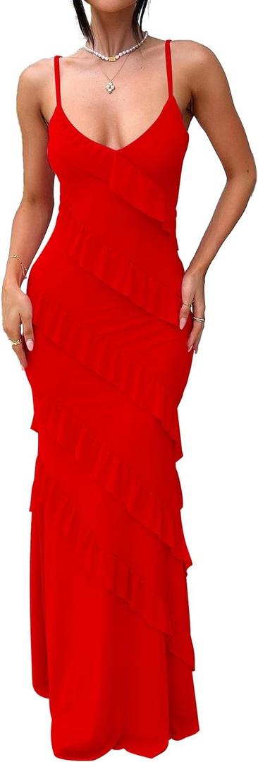 HOCILLE Women's Sexy V Neck Backless Bodycon Spaghetti Strap Elegant Ruffle Maxi Cocktail Party Dresses, Small, Red