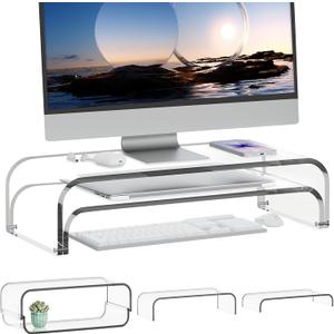 Acrylic Dual Monitor Stand Riser 2 Tier, Modular Laptop Stand for Desk, Multifunctional Desktop Organizer Shelf for PC, iMac, Printer, Detachable Monitor Stand for Office or Home, Clear