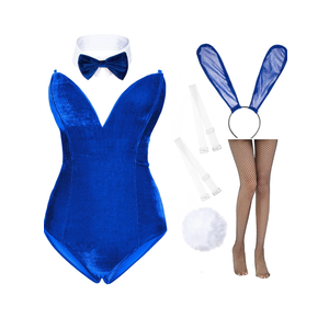 Anime Womens Bunny Girl Costume One Piece Bodysuit Halloween Cosplay Catsuit Bunny Headband Stockings Set , Meduim Size, Blue