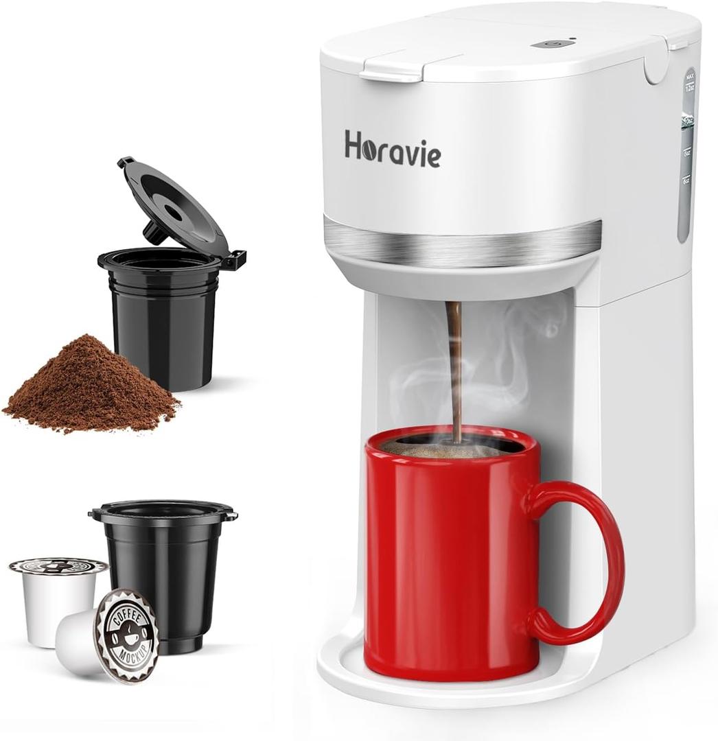 Horavie Small Single Serve Coffee Maker, Fast Brew One Cup Coffee Machine for K Cup and Grounds, 6 to 12 oz. Brew Sizes, Capsule Coffee Machine with Descaling Reminder and Viewing Tank, White