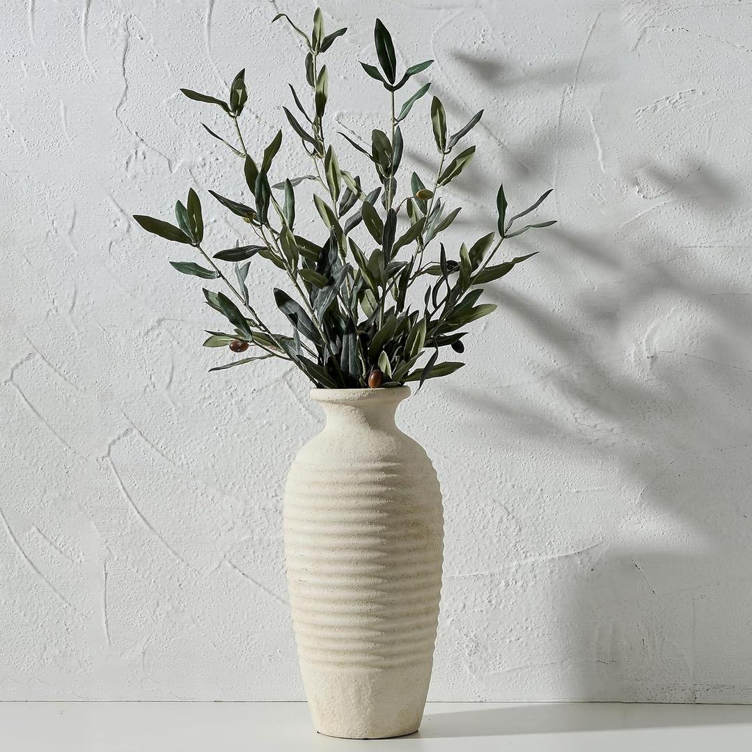 Vaseking Ceramic Natural Rustic Vase, 14.4 Inch Large Vintage Flower Threaded Decorative Farmhouse Tall Vase for Home Decor, Living Room, Shelf Decor, Wedding, Housewarming Gift, Off-White