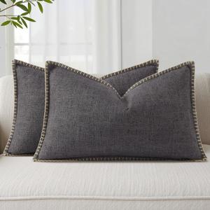 decorUhome Summer Decorative Throw Pillow Covers 12x20 Set of 2 Lumbar Faux Linen Farmhouse Pillow Covers with Stitched Edge Outdoor Neutral Pillow Covers for Couch Sofa Living Room, Dark Grey