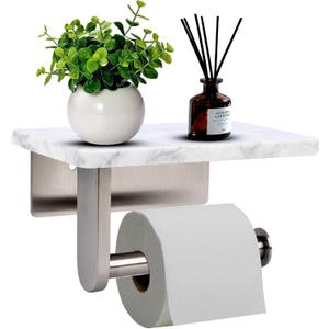 Toilet Paper Holder with Natural Marble Shelf for Bathroom Washroom, Wall Mounted Tissue Holder Suitable for Mega Roll (Brushed Nickel, Small 6.7 * 4.3 in)