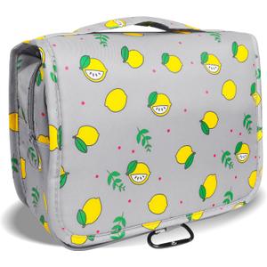 LAKIBOLE Toiletry Bag Multifunction Cosmetic Bag Portable Makeup Pouch Waterproof Travel Hanging Organizer Bag for Women Girls (Grey & Lemon-Travel Tag)