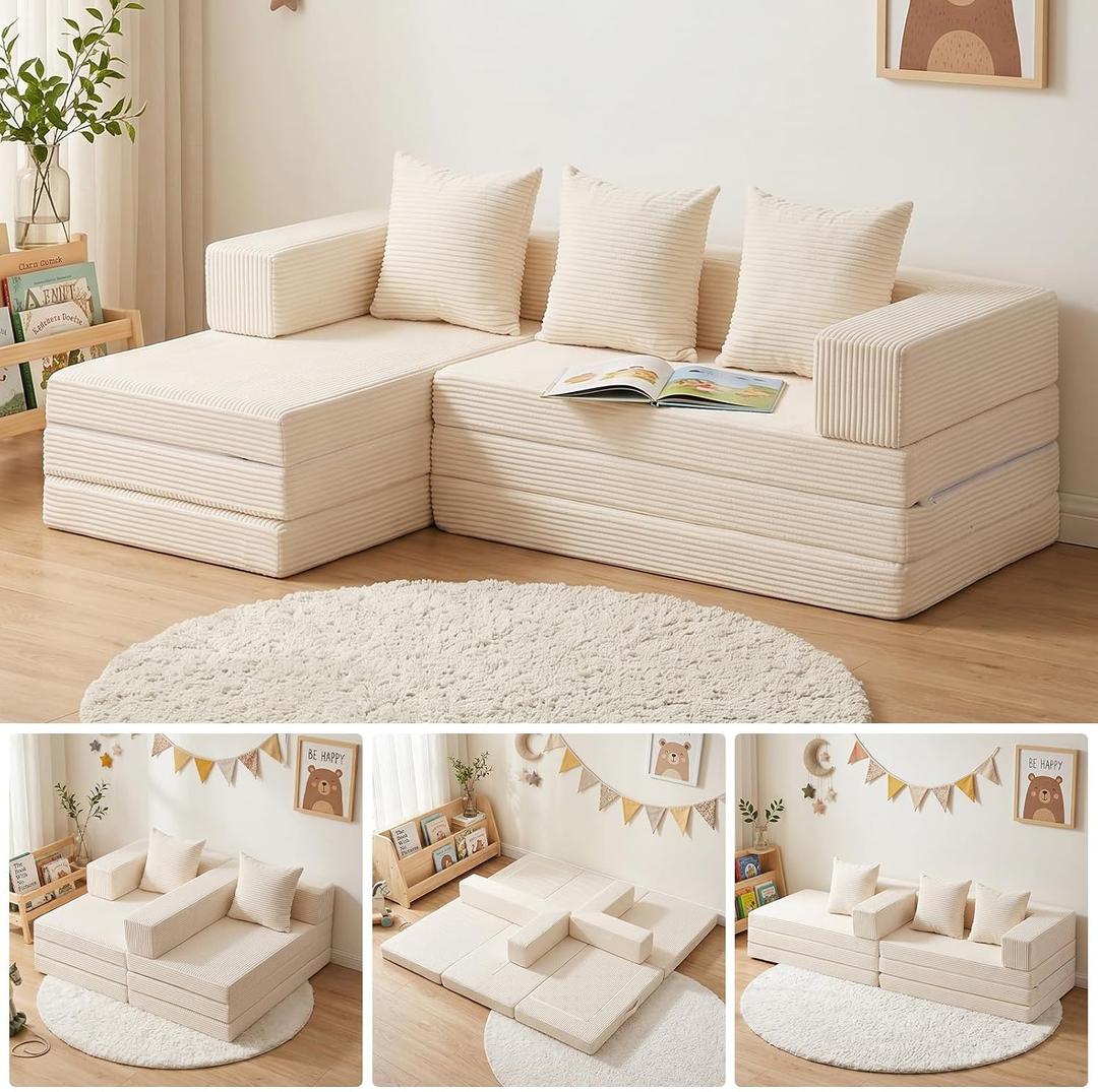 65" L Shaped Couch for Small Spaces, No Assembly Cloud Sectional Sofa with Deep Seat, Left Facing Chaise, 5-in-1 Modular 3 Seater Corduroy Couch for Apartment, Beige, 65" Mini Couch