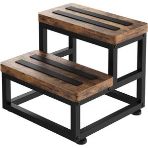 2 Step Wooden Step Stools for Adults Kids, Heavy Duty Stepping Stools Wooden Bed Step Stools for High Beds, Non-Slip 2 Bedside Foot Stool with 500 Lbs Capacity, Kitchen, Bed, RVS Step, Rustic Brown