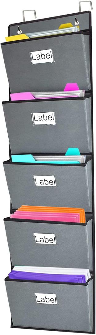 Over the Door Hanging File Organizer 5 Extra Large Pockets Wall Hanging File Folders Organizer Holders,Home Office Supplies Storage Pocket Chart for Paper Mails Planners Notebooks,Gray