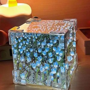 4 x Handmade DIY Tulip Night Lamp, Cube Mirror Bedroom Tulip Night Lamp, 20 Flower Table Lamp and Mirror 2 in 1, Birthday Gifts for Women and Girls (Blue Tulips)