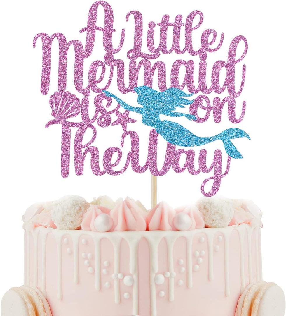 A Little Mermaid is on The Way Cake Topper - Girl Baby Shower Cake Topper - Under The Sea, Welcome Baby Girl, Mermaid Themed Baby Shower Party Decorations