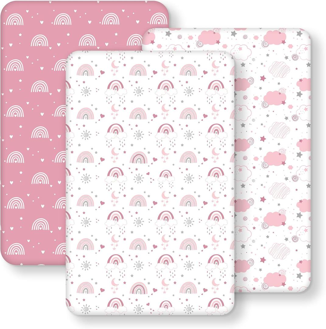 Baby Bedside Bassinet Sheets Fitted Girl, 33x20 Compatible with Baby Delight Dream On Me & Most Rectangle Bedside Sleeper Bassinet Mattresses, Super Soft Microfiber Pink Rainbow