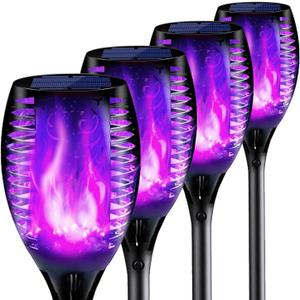 4PCs Halloween Solar Torch Lights Outdoor, 43in 96 LED, Waterproof Landscape Garden Pathway Light with Purple Vivid Dancing Flickering Flames, Auto On/Off Dusk to Dawn for Halloween Lights Decoration