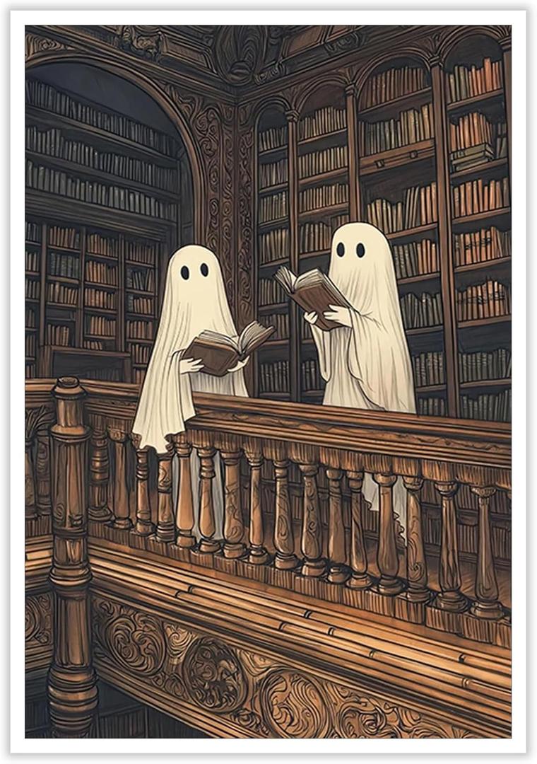 Moody Halloween Wall Art Two Cute Ghosts in A Library Poster Spooky Ghost Decor Dark Academia Canvas Print Reading Book Aesthetic for Living Room Apartment Bedroom 12x16inch Unframed