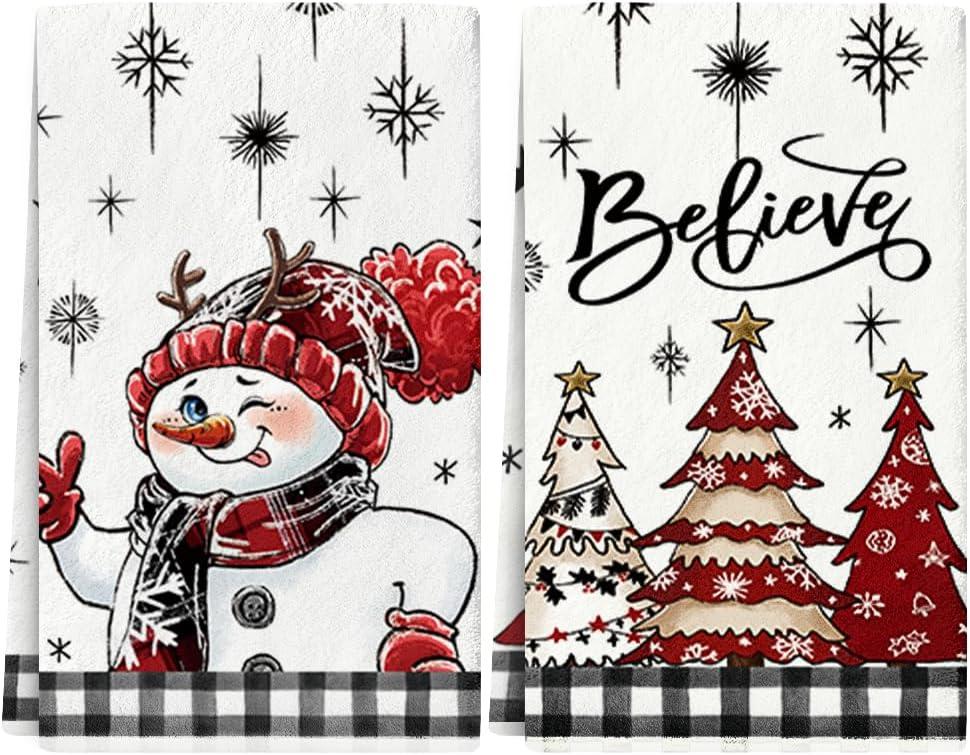 2 x Christmas Dish Towels Set of 2,Winter Hand Towels for Bathroom Decorative,Kitchen Decor Cleaning Drying Kitchen Towels Dishcloth 18 x 26 inches,White Snowman Christmas Tree