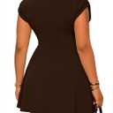 PINSV Women's Cap Sleeve Ruched Mini Dress Crew Neck High Waist Short Formal Dresses Dark Brown L (Brown, L)