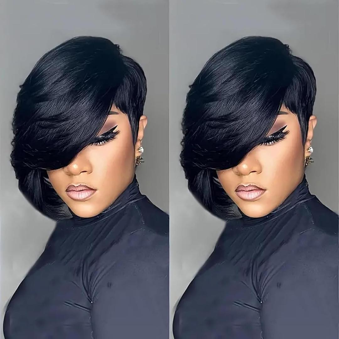 VRZ Pixie Cut Wigs for Black Women Side Part Chic Elegent Short Layered Pixie Cut Human Hair Wig With Bangs Full Machine Made wigs Human Hair Glueless Wear and Go