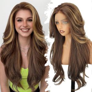 Eawwii 13x4 HD Lace Front Glueless Wigs for Women Brown Highlight Long Layered Overnight Curls Wave Wig Natural Hairline Heat Resistant Synthetic for Daily Use Beginner Friendly 26 Inch