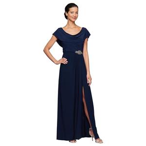 Alex Evenings Women's Long Cowl Neckline Mother of The Bride Dress, Formal Event Gown (Petite and Regular Sizes), Navy, 14