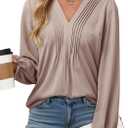 Dokotoo Womens Tops Casual Pleated V Neck Puff Long Sleeve T Shirts Loose Tunic Business Blouse (Small, Gray)