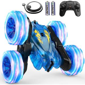 Remote Control Car,Stunt RC Cars For Kids with Colorful Light,Fast USB-C Charging,Double-Sided 360 Rotating Rechargeable 4WD RC Truck Car Toys for Ages 5-7 Gift for Boys Girls Ages 8-12(Blue)