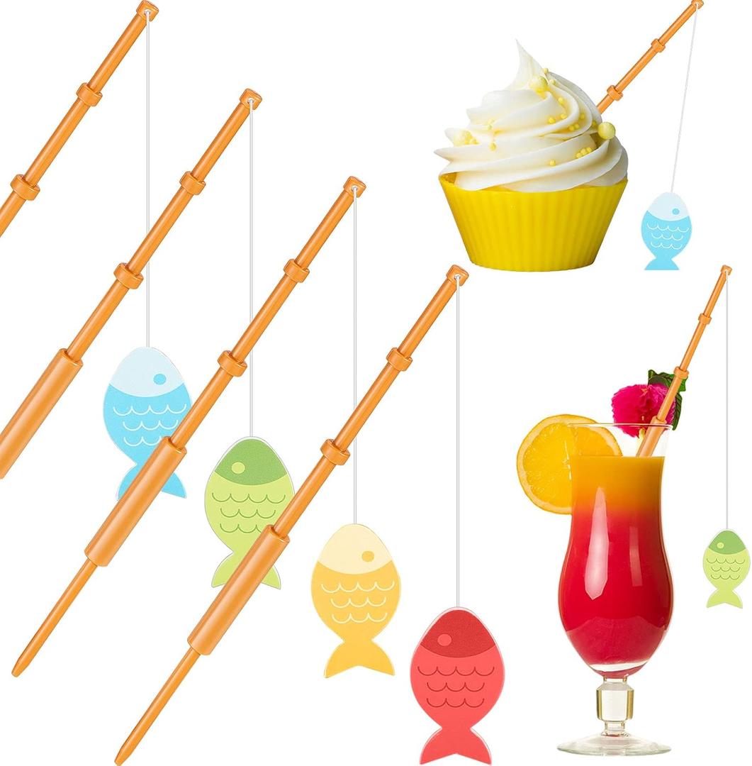 Boao 40 Pieces Mini Fish Pole Decoration Little Fisherman Fishing Pole Picks Mini Cupcake Picks for Birthday Party Tropical Party Appetizer Cake Decoration
