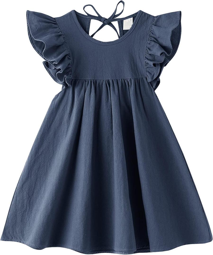 Dutebare Toddler Baby Girl Dress Cotton Linen Ruffle Halter Sleeveless Dresses Kids Summer Sundress (Blue)