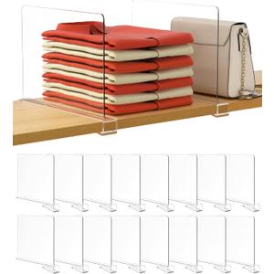HBlife 16 Pack Clear Shelf Dividers, Vertical Purse Organizer for Closet Perfect for Sweater, Shirts, Handbags in Bedroom and Kitchen, Adjustable Acrylic Bookshelf for Organization