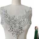 Handmade Rhinestones lace Applique handsewing Beads Trim Patches Neckline for Dress Clothes Accessory (White)