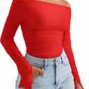 OMKAGI Women Long Sleeve Tops Boat Neck Off Shoulder Shirts Fitted Going Out Y2K Crop Top (Red, L)