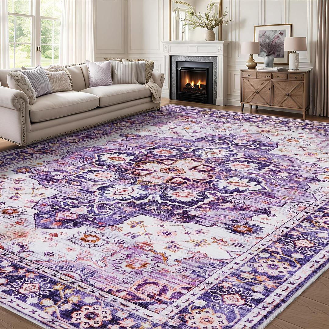 8x10 Area Rugs for Living Room, Machine Washable Vintage Rug, Non-Slip Low Pile Throw Rugs with Rubber Backing Washable Carpet for Bedroom Dining Room Kitchen Home Decor, Purple