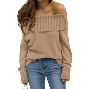 Okiwam Womens Off The Shoulder Sweater Casual Loose Knitted Long Sleeve Pullover Fall Outfits Spring Fashion Clothes 2026 (Brown), M