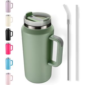 64oz Insulated Tumbler with Handle, Stainless Steel Double Wall Vacuumn Water Bottle, Lid and Straw for School, Gym, Hiking & Camping, Green