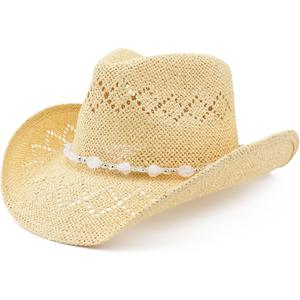 Pro Celia Men Women Cowgirl Straw Western Cowboy Hat (Bead-Beige)