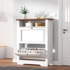 Shoe Storage Cabinet with 2 Flip Drawers, 39" Farmhouse Modern Wood Shoe Rack Organizer with Adjustable Shelves & Open Storage, Freestanding Narrow Shoe Rack Cabinet for Entryway, Hallway