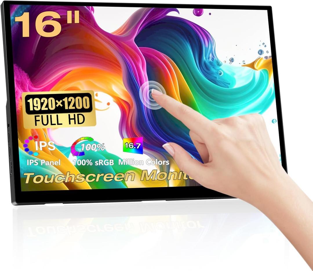 Portable Touchscreen Monitor, 16 Inch 1920X1200P Monitor IPS Touch Screen Monitor with USB C HDMI Port, 300cd/m, External Monitor for Laptop PC Phones Computer Ras Pi