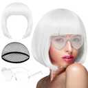 PLULON White Bob Wig and Sunglass Set, Neon Short Bob Wig Sunglass Pack Costume Colorful Cosplay Wig Hairpieces for Bachelorette Neon Party Favors, Halloween Decorations