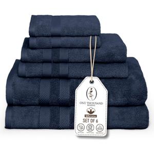 Premium Staple Cotton Bathroom Towel Set - Navy 600 GSM 6-Piece Luxury Bath Towel Set 3 Stripe - 2 Bath Towels, 2 Hand Towels & 2 Washclothes Set - High Absorbent & Quick Dry for Gym, Spa, Hotel