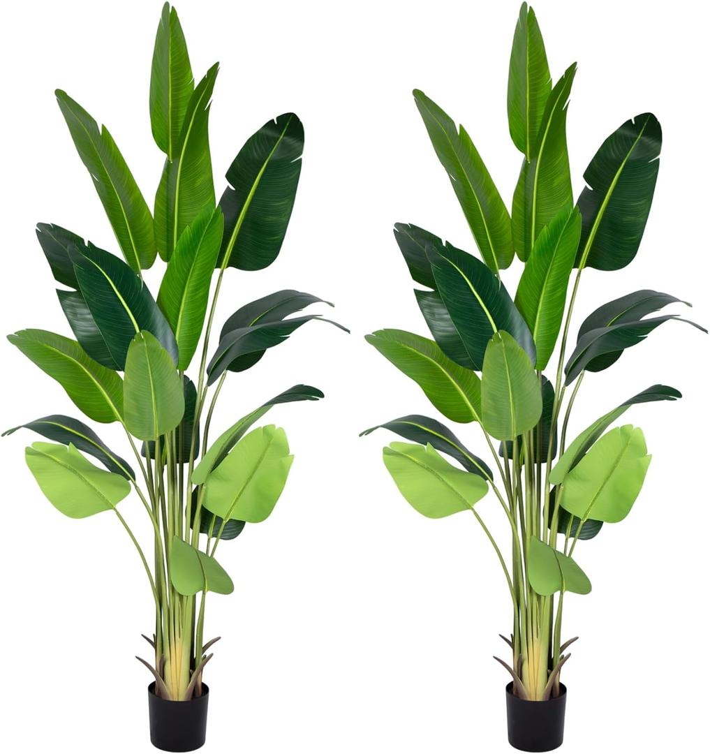 Artificial Bird of Paradise Plant 8Ft Fake Tropical Palm Tree with 18Trunks Faux Banana Leaf Trees in Pot for Home Indoor Outdoor Office Modern Decor Housewarming Gift2Pcs