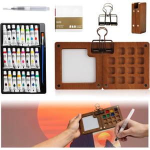 Mini Watercolor Paint Set Travel, Travel Paint kit, Pocket Watercolor Set with Paint, with Colours, Binder Clips, Watercolor Pens, Wooden Paint Box for Painters Artists