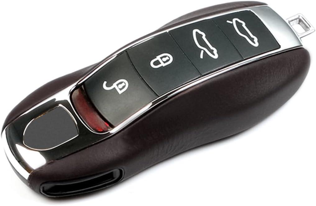 Leather Key Fob Cover for Porsche Macan Panamera 911, Key Chain Key Cover for Porsche Cayenne 718 Cayman Boxster Accessories (Marsala Red)