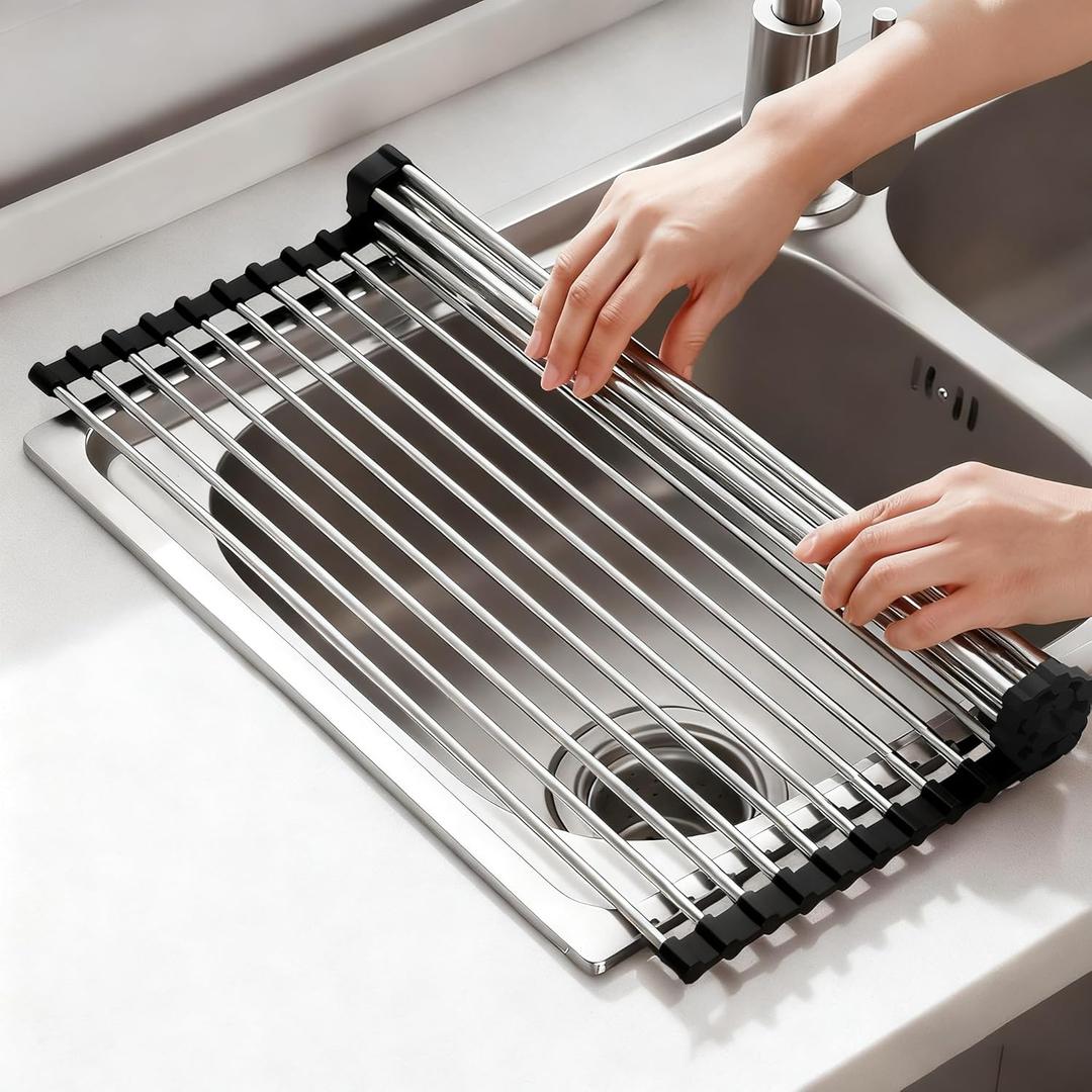 NEZUIBAN Dish Drying Rack with Roll Up and Over Sink for Kitchen, 20.5"x13.8", Black