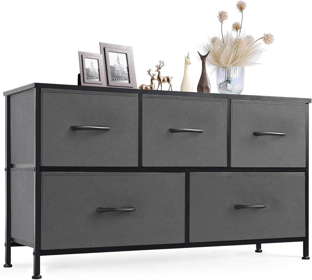 Sweetcrispy Dresser for Bedroom with 5 Storage Drawers, Fabric Storage Tower Organizer, Chest of Drawers with Metal Frame Wooden Top for Closet, Living Room, Entryway, Grey (39.4"D x 11.8"W x 20.9"H (5 Drawers))