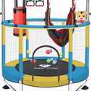 Trampoline for Kids, 5FT Adjustable for Toddler, Indoor/Outdoor Baby Trampoline with Enclosure Net, No-Gap Safe Design, Gifts for Boys & Girls (Stainless Steel, blue yellow)